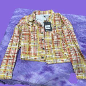 Liquor N Poker Womens Denim Jacket NWT New Rare Yellow Plaid Rock Punk UK14/US10
